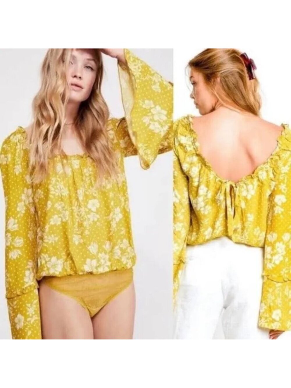 Free People One on One Date Boho Bodysuit Marigold Yellow Floral Bell‎ Sleeve XS